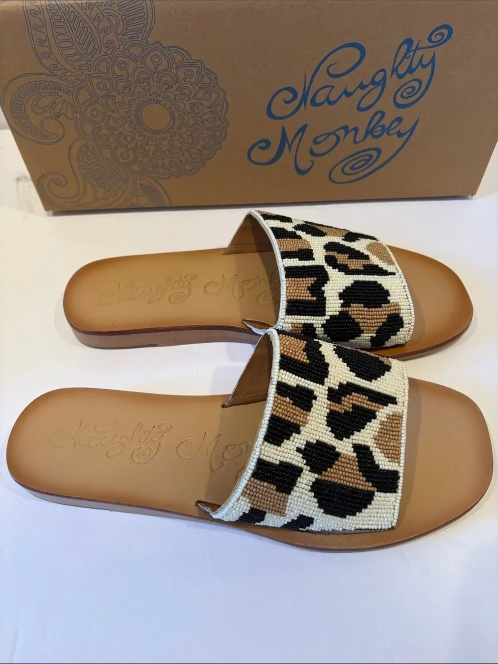 naughty monkey Leopard Beaded Slide Sandals in Brown and Black